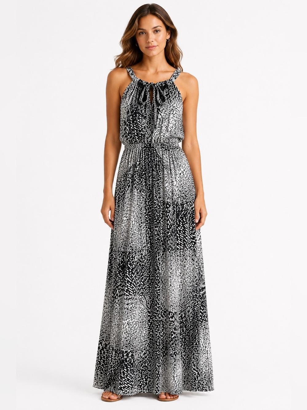 Parker 100% Silk Tie Neck Georgette Maxi Dress Black White Size Small